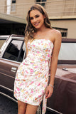 Strapless Bodycon Pink Flower Homecoming Dress with Bow