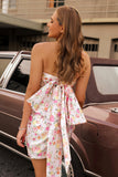Strapless Bodycon Pink Flower Homecoming Dress with Bow