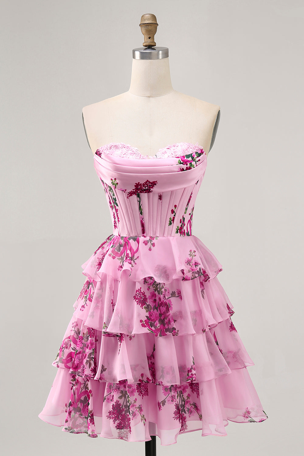 Corset Tiered Pink Floral Strapless Short Cocktail Dress