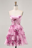 Corset Tiered Pink Floral Strapless Short Cocktail Dress