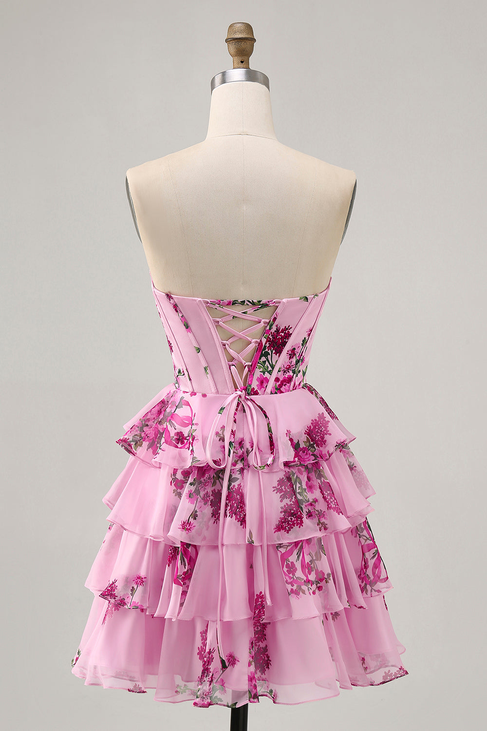 Corset Tiered Pink Floral Strapless Short Cocktail Dress