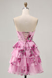 Corset Tiered Pink Floral Strapless Short Cocktail Dress