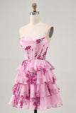 Corset Tiered Pink Floral Strapless Short Cocktail Dress
