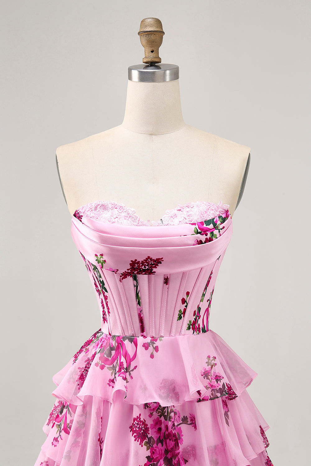 Corset Tiered Pink Floral Strapless Short Cocktail Dress