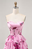 Corset Tiered Pink Floral Strapless Short Cocktail Dress