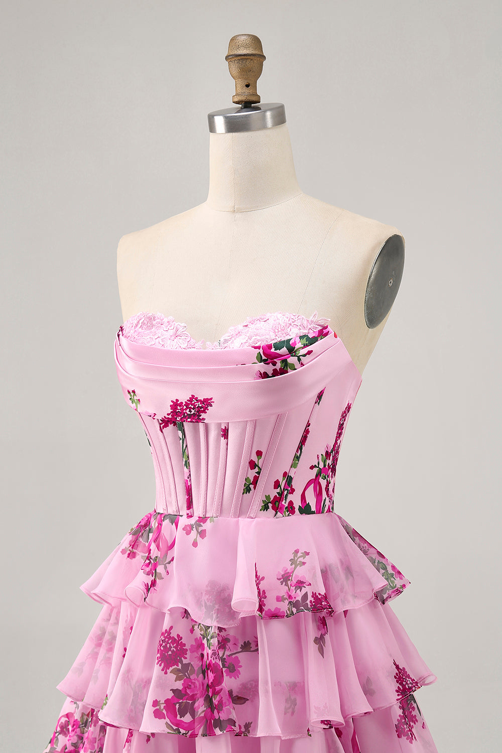Corset Tiered Pink Floral Strapless Short Cocktail Dress