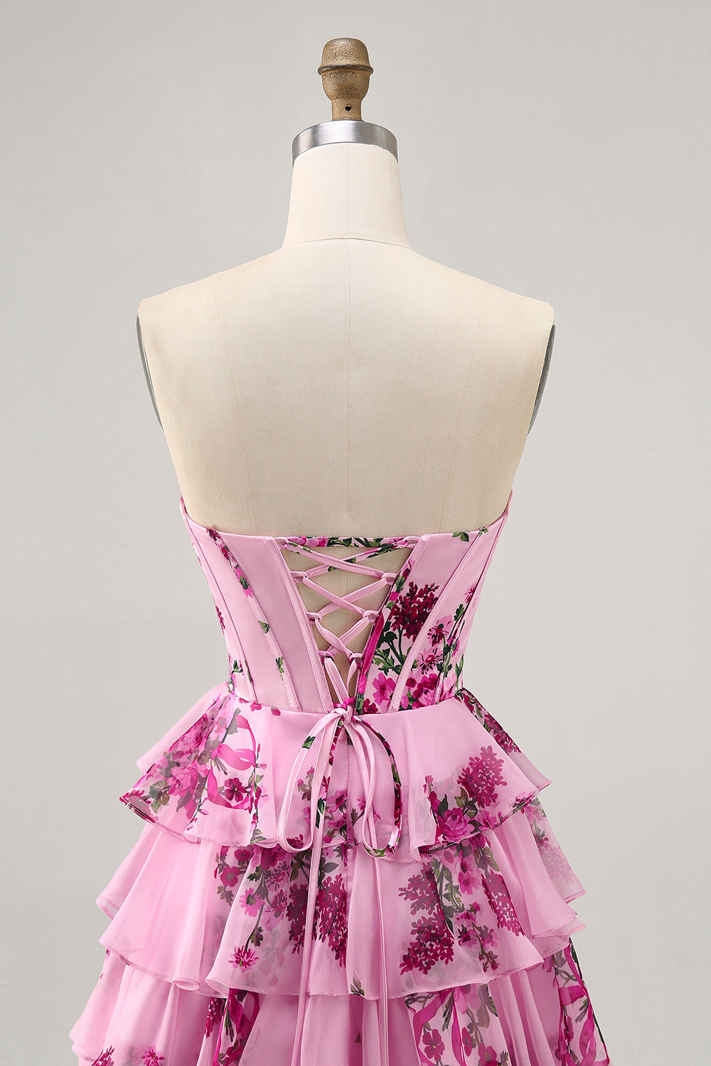 Corset Tiered Pink Floral Strapless Short Cocktail Dress