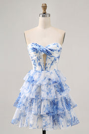 Corset White Blue Flower A Line Short Cocktail Dress