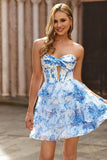 White Blue Flower Corset Cut Out Strapless Homecoming Dress