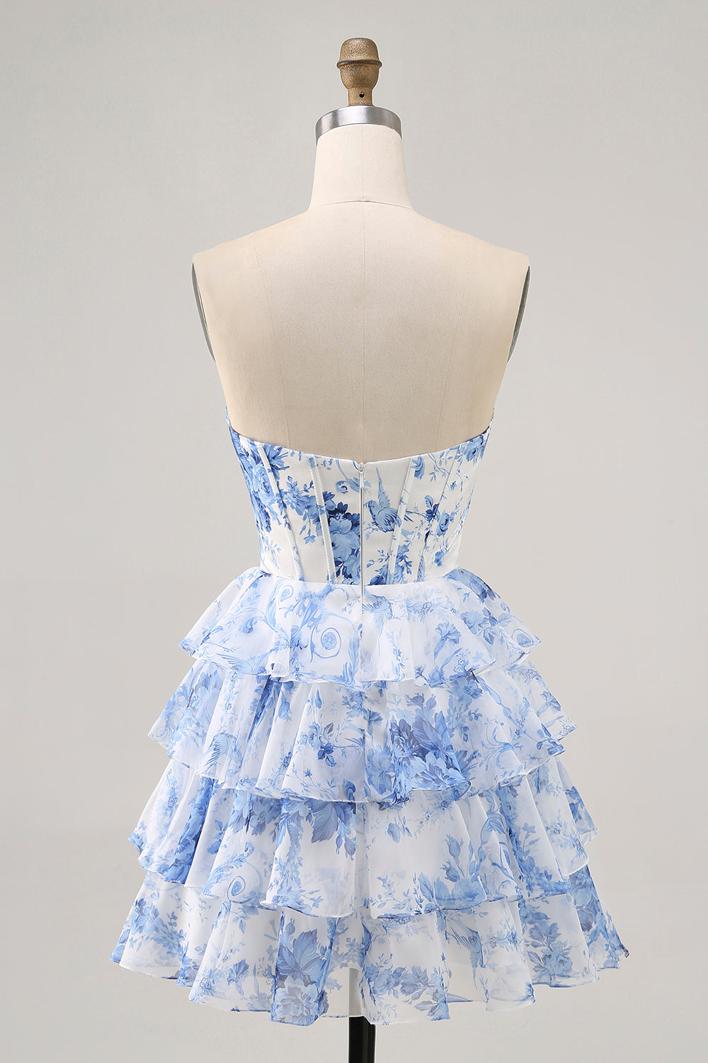 White Blue Flower Corset Cut Out Strapless Homecoming Dress
