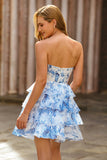 White Blue Flower Corset Cut Out Strapless Homecoming Dress