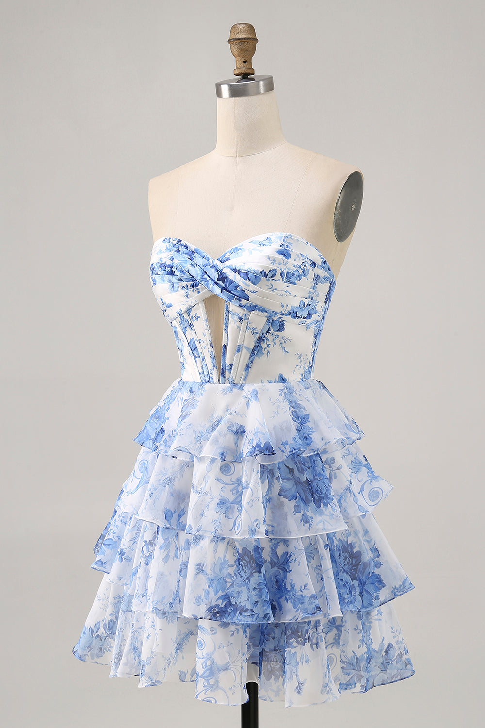 Corset White Blue Flower A Line Short Cocktail Dress