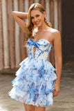 White Blue Flower Corset Cut Out Strapless Homecoming Dress