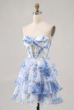 Corset White Blue Flower A Line Short Cocktail Dress