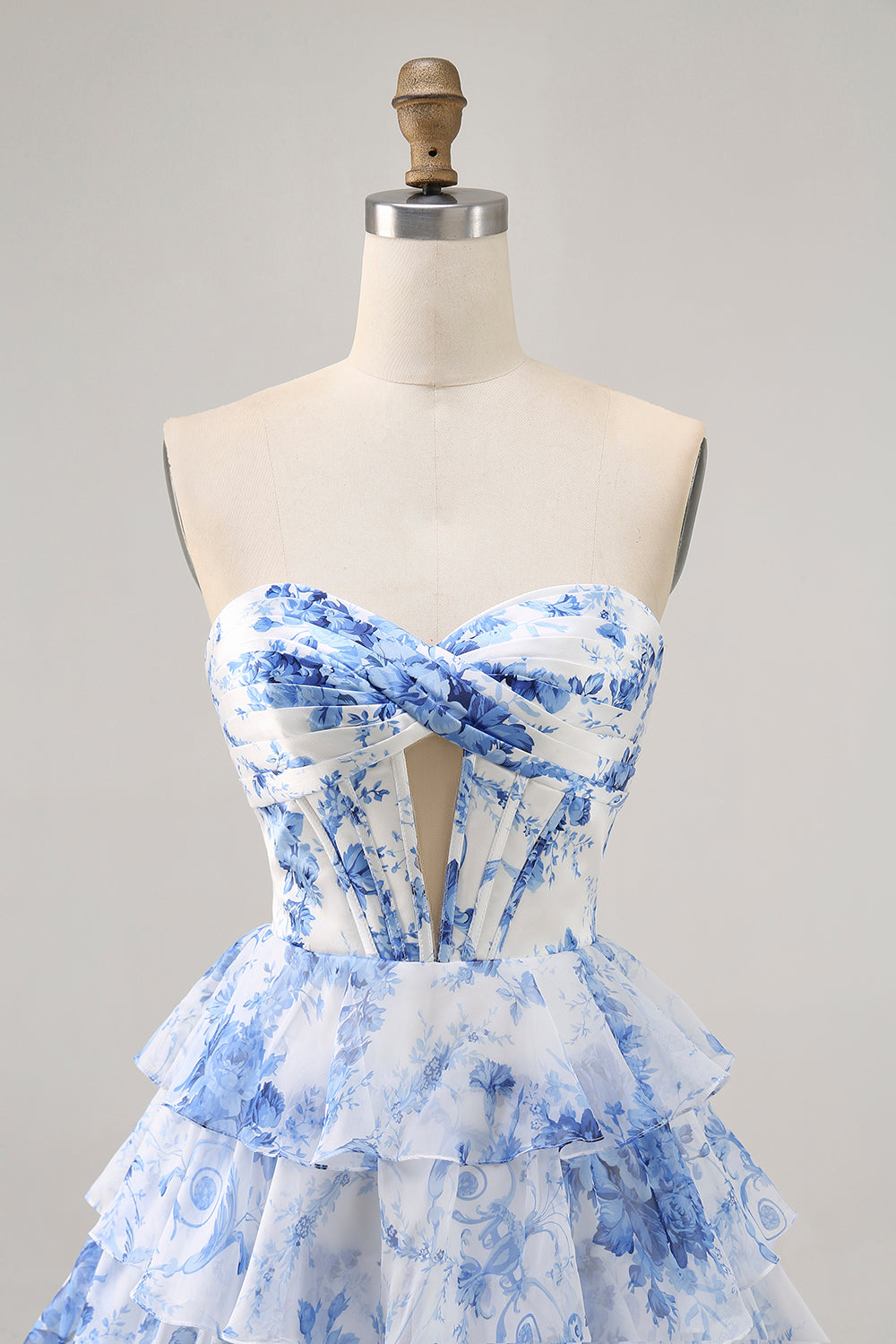 Corset White Blue Flower A Line Short Cocktail Dress