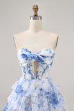 Corset White Blue Flower A Line Short Cocktail Dress