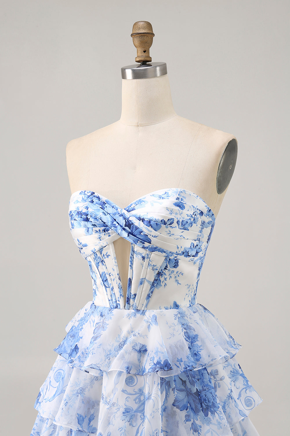 Corset White Blue Flower A Line Short Cocktail Dress