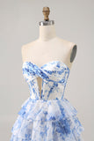 Corset White Blue Flower A Line Short Cocktail Dress