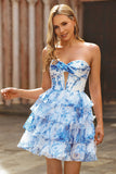 White Blue Flower Corset Cut Out Strapless Homecoming Dress