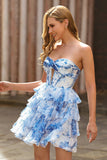 White Blue Flower Corset Cut Out Strapless Homecoming Dress