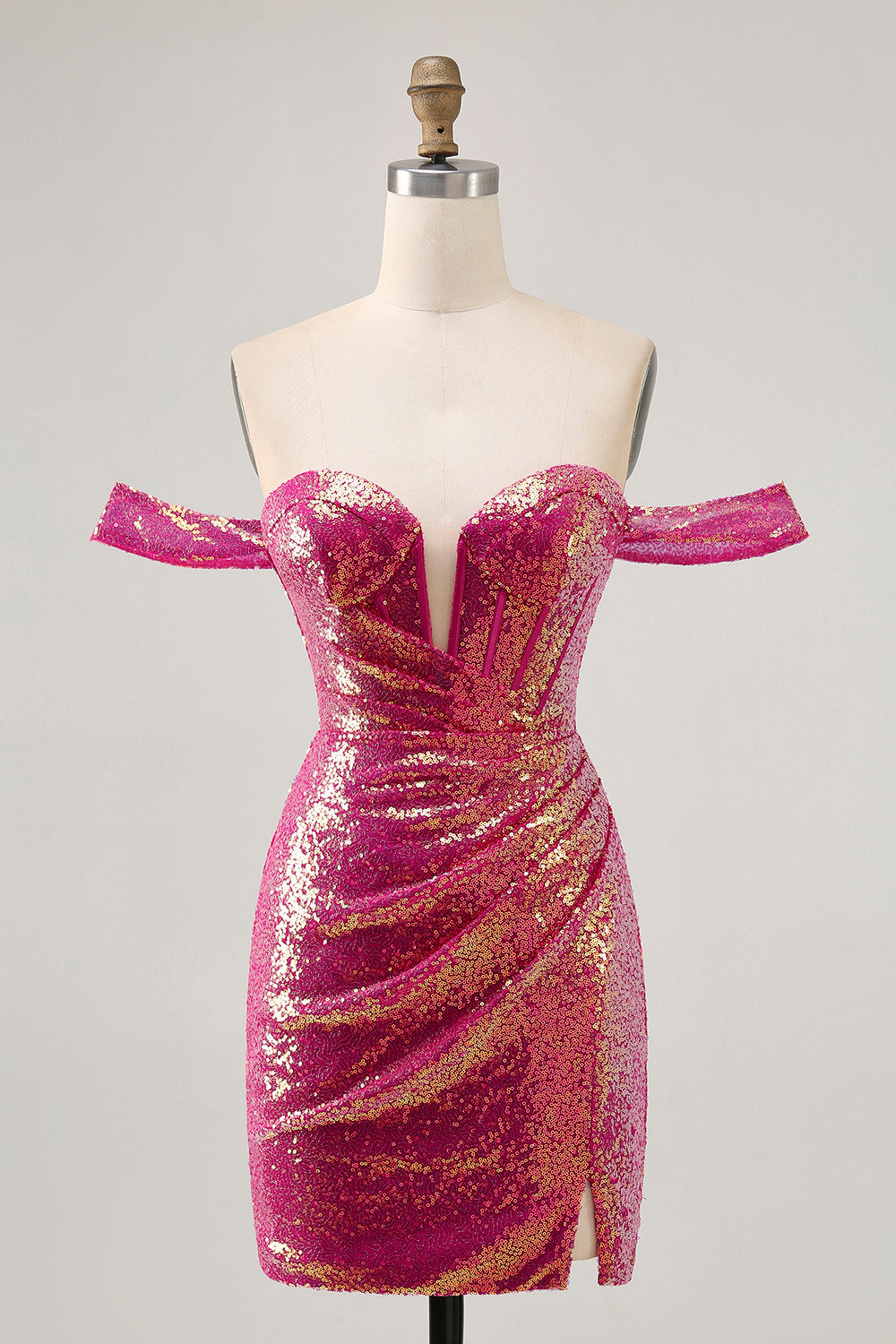 Sparkly Fuchsia Sequins Ruched Short Corset Cocktail Dress