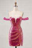 Sparkly Fuchsia Sequins Ruched Short Corset Cocktail Dress