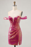 Sparkly Fuchsia Sequins Ruched Short Corset Cocktail Dress