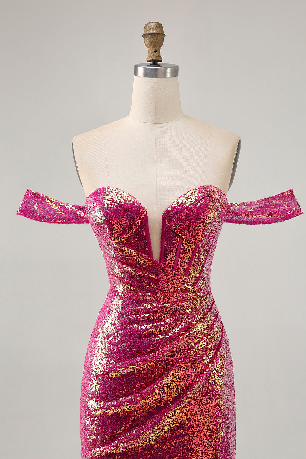 Sparkly Fuchsia Sequins Ruched Short Corset Cocktail Dress