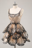 Sparkly Black Apricot Sequins A Line Tiered Short Cocktail Dress