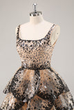 Sparkly Black Apricot Sequins A Line Tiered Short Cocktail Dress