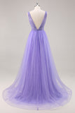 Sparkly Purple A Line Long Formal Dress with Beading