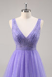 Sparkly Purple A Line Long Formal Dress with Beading