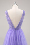 Sparkly Purple A Line Long Formal Dress with Beading