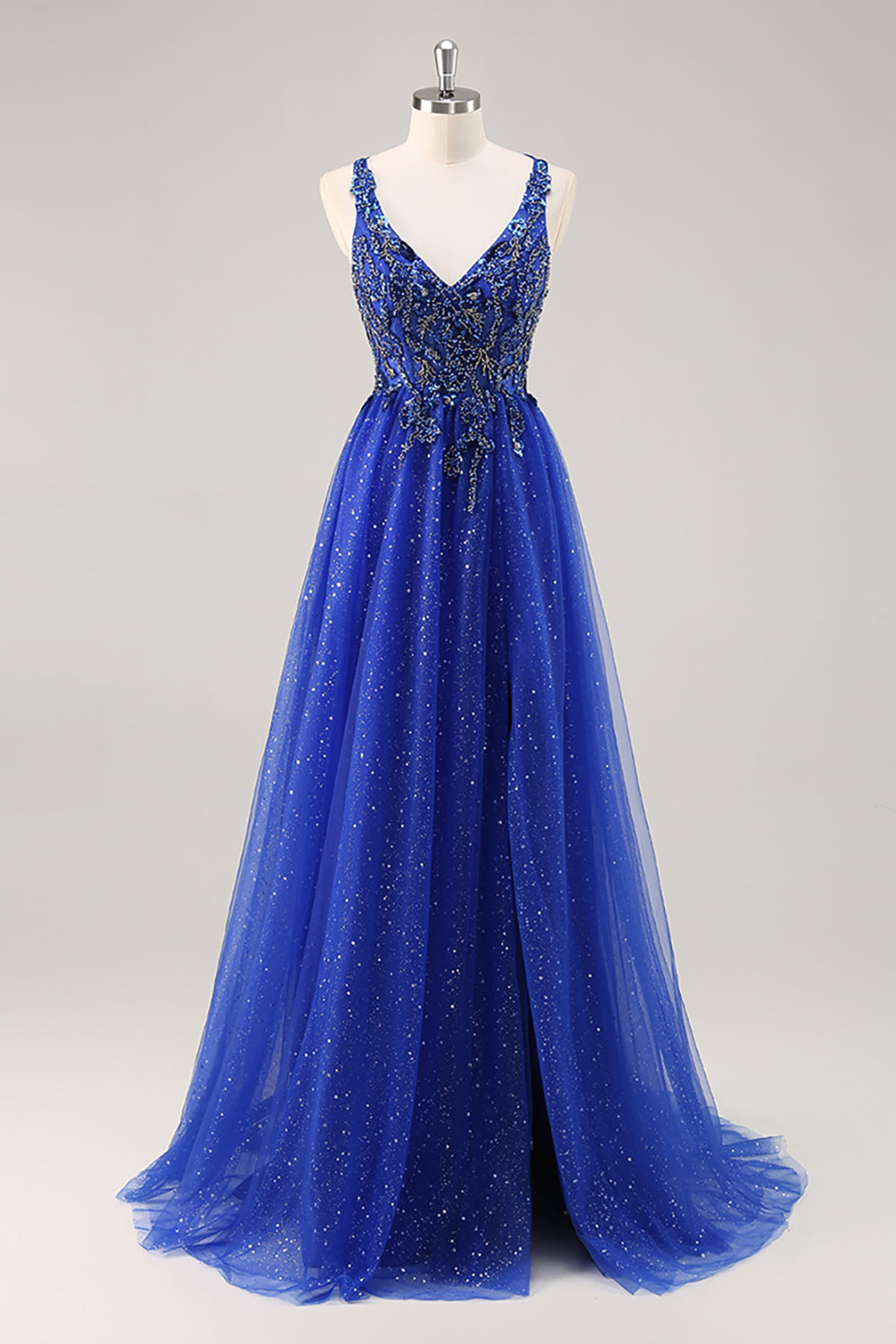 Sparkly Royal Blue Beaded A Line Long Formal Dress with Slit