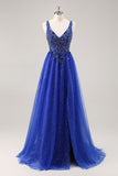 Sparkly Royal Blue Beaded A Line Long Formal Dress with Slit