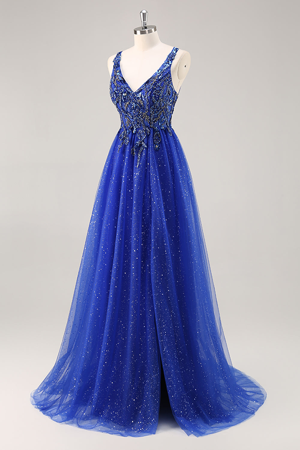 Sparkly Royal Blue Beaded A Line Long Formal Dress with Slit