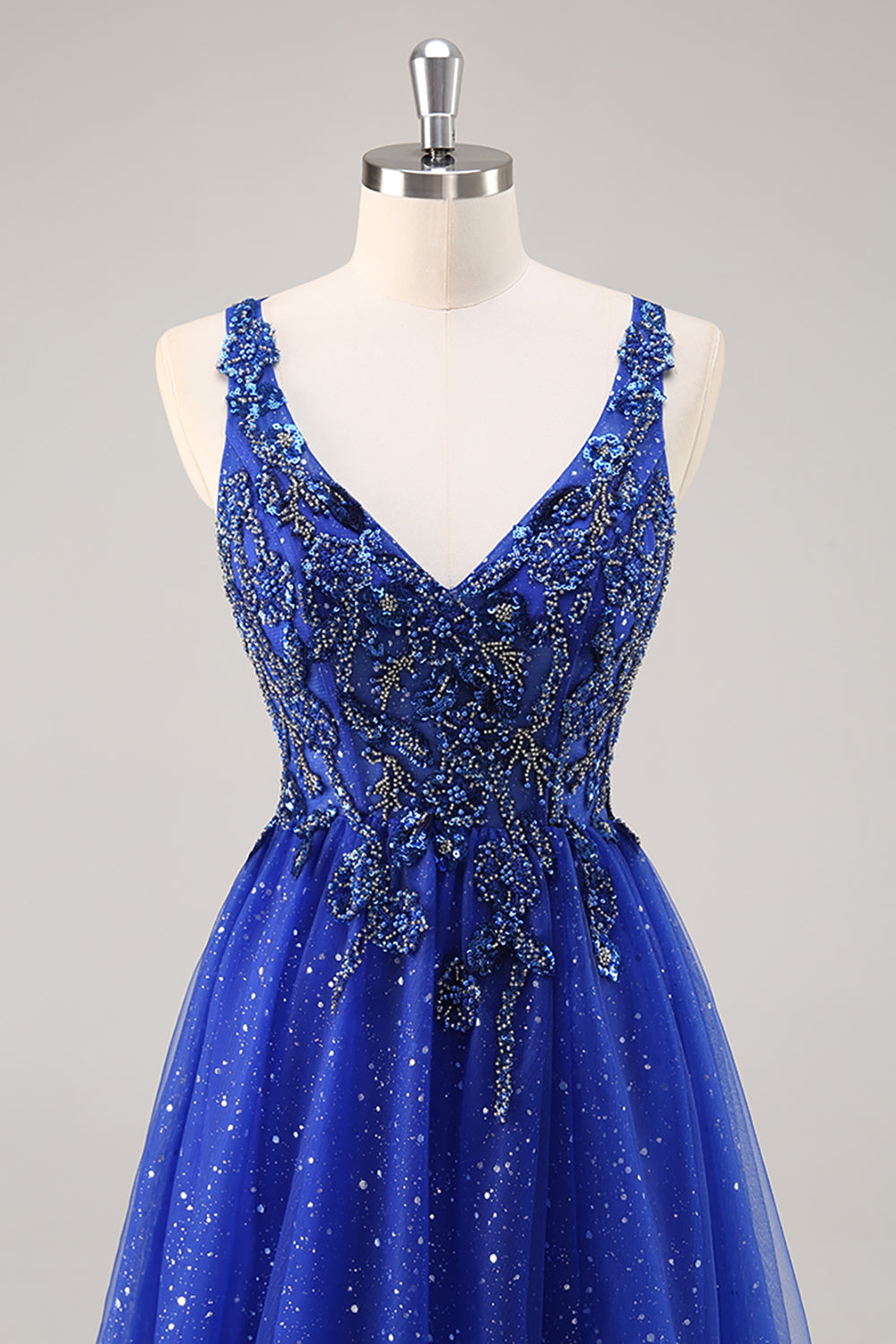 Sparkly Royal Blue Beaded A Line Long Formal Dress with Slit