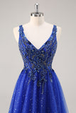 Sparkly Royal Blue Beaded A Line Long Formal Dress with Slit