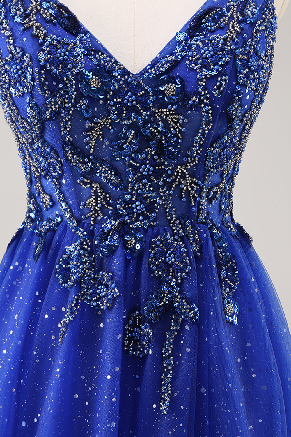 Sparkly Royal Blue Beaded A Line Long Formal Dress with Slit