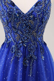 Sparkly Royal Blue Beaded A Line Long Formal Dress with Slit