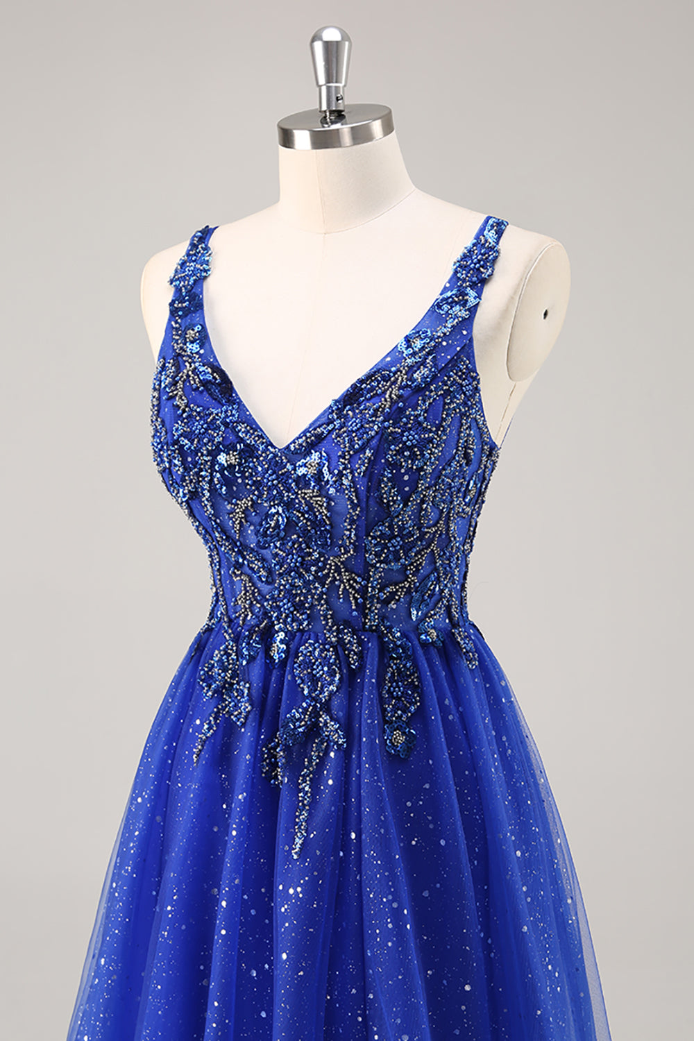 Sparkly Royal Blue Beaded A Line Long Formal Dress with Slit