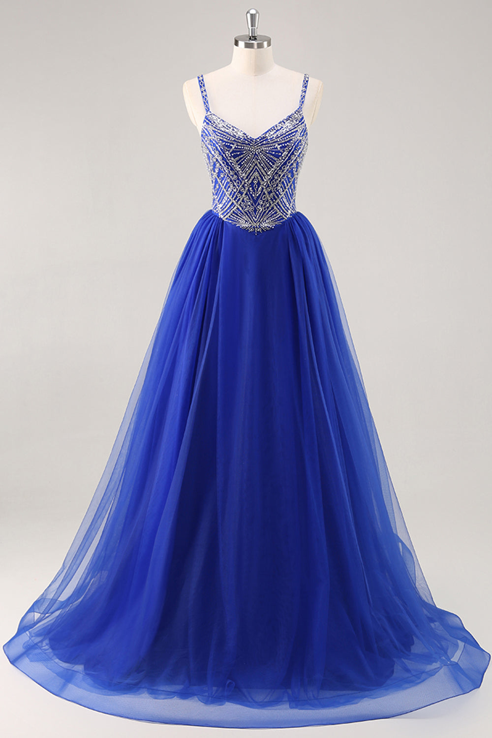 Sparkly Royal Blue Tulle Beaded Long Formal Dress with Sequins