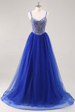 Sparkly Royal Blue Tulle Beaded Long Formal Dress with Sequins
