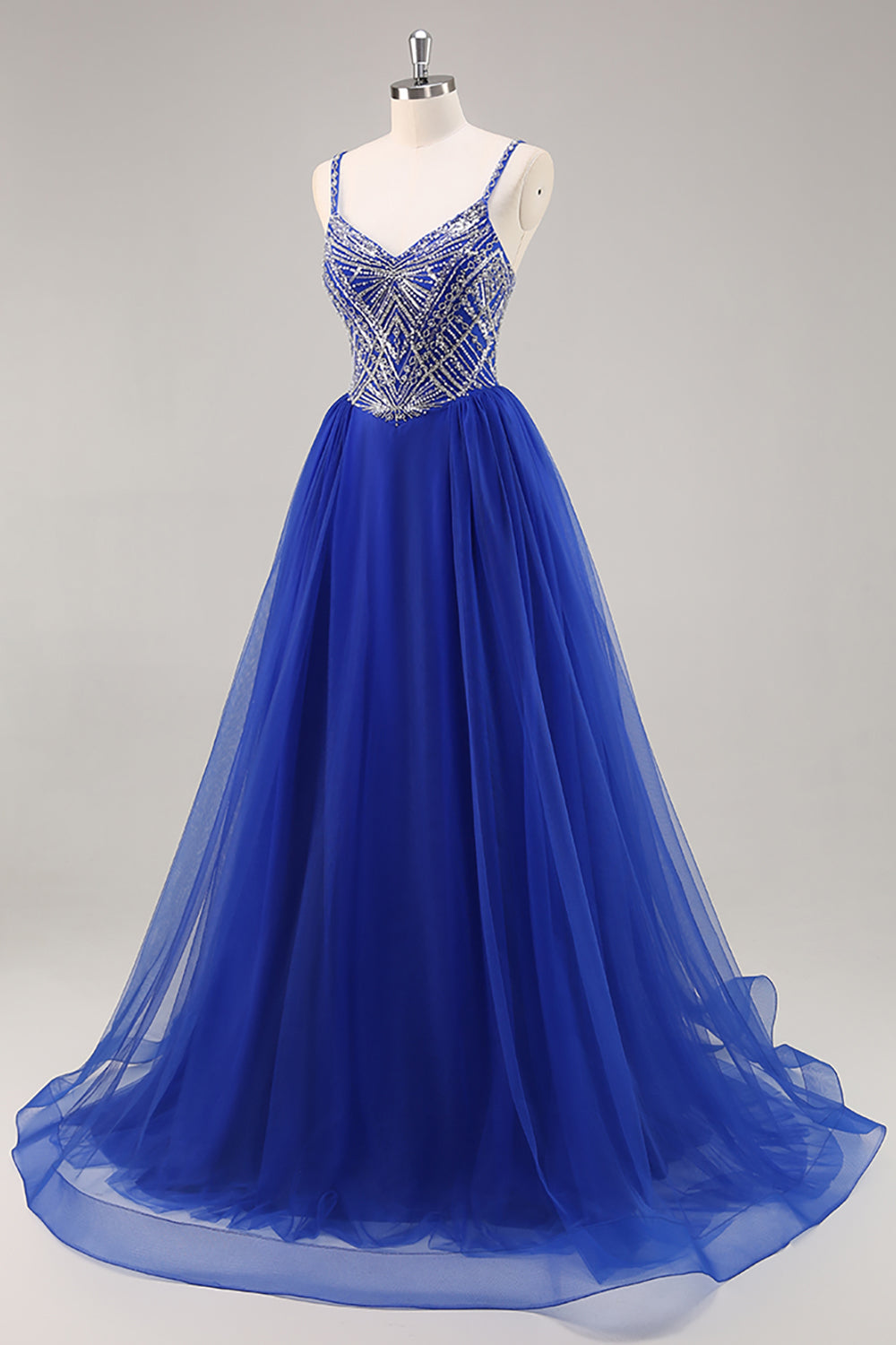 Sparkly Royal Blue Tulle Beaded Long Formal Dress with Sequins