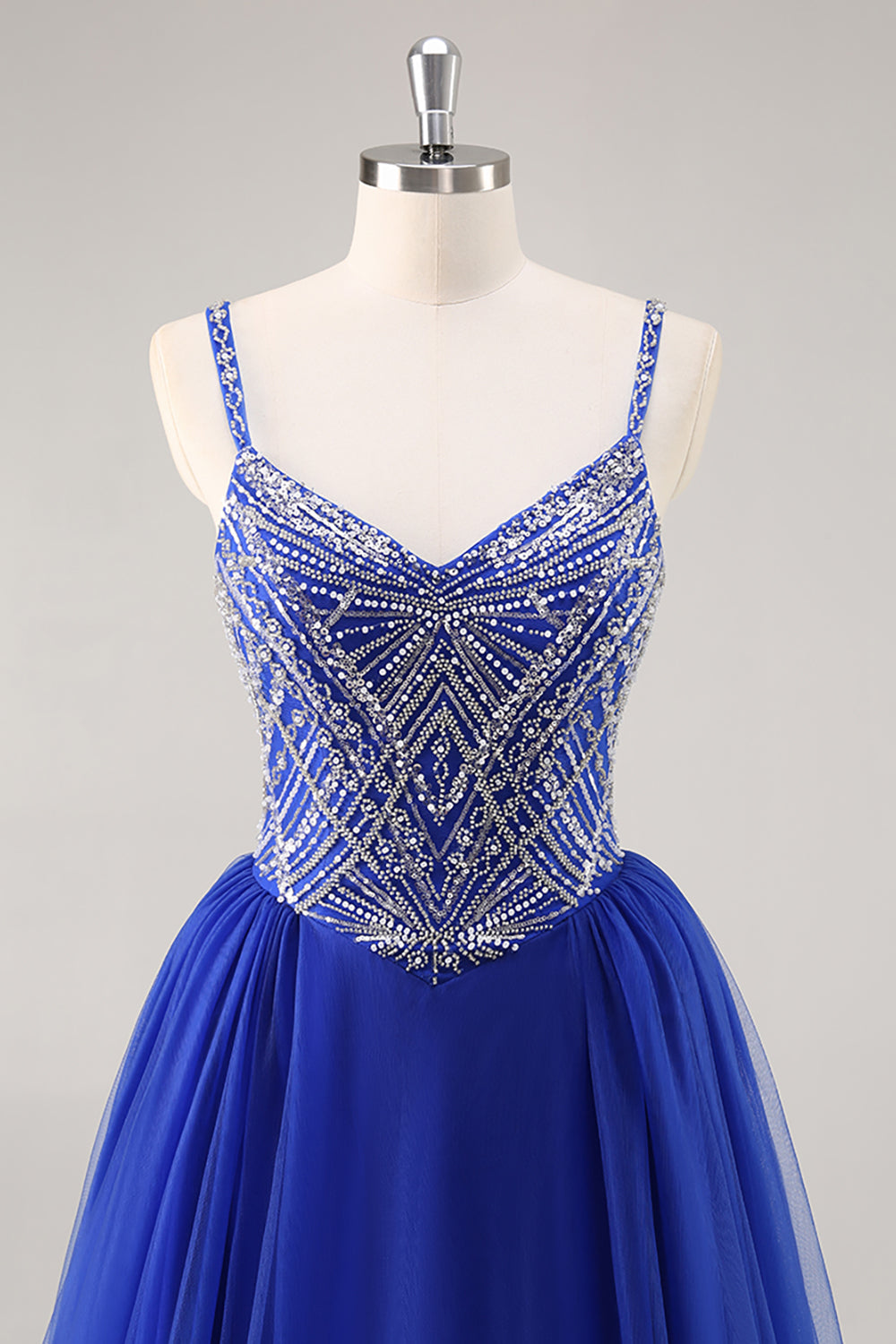 Sparkly Royal Blue Tulle Beaded Long Formal Dress with Sequins