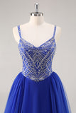 Sparkly Royal Blue Tulle Beaded Long Formal Dress with Sequins