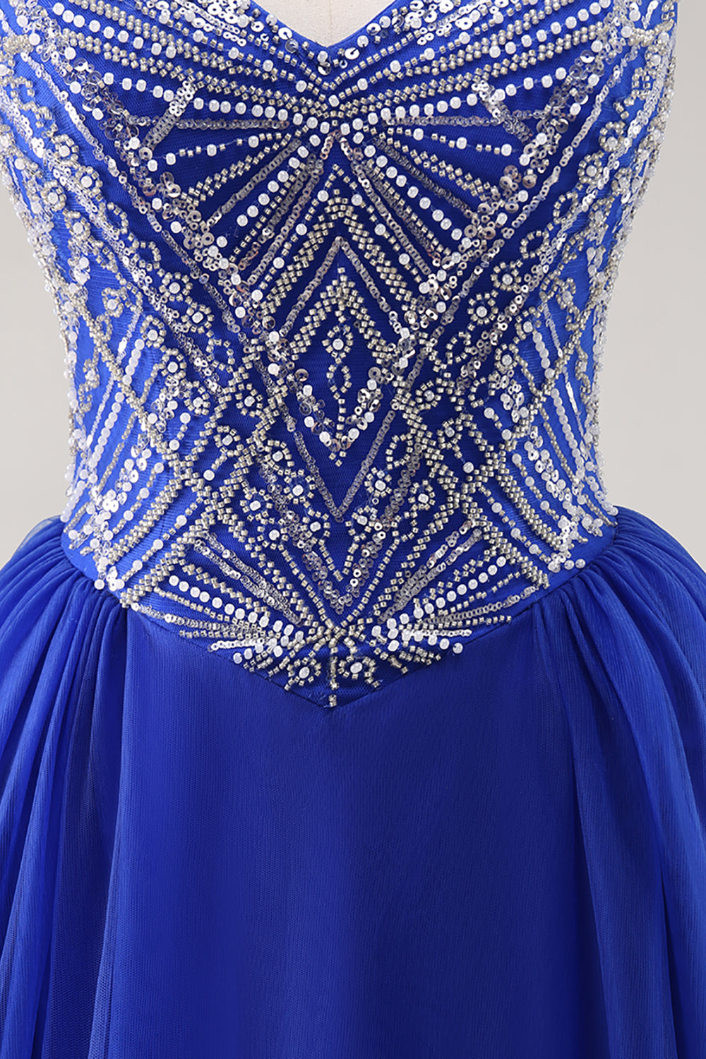 Sparkly Royal Blue Tulle Beaded Long Formal Dress with Sequins