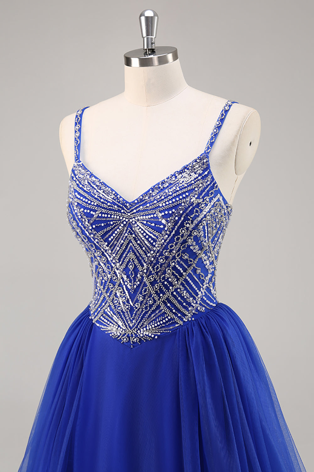 Sparkly Royal Blue Tulle Beaded Long Formal Dress with Sequins