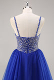 Sparkly Royal Blue Tulle Beaded Long Formal Dress with Sequins