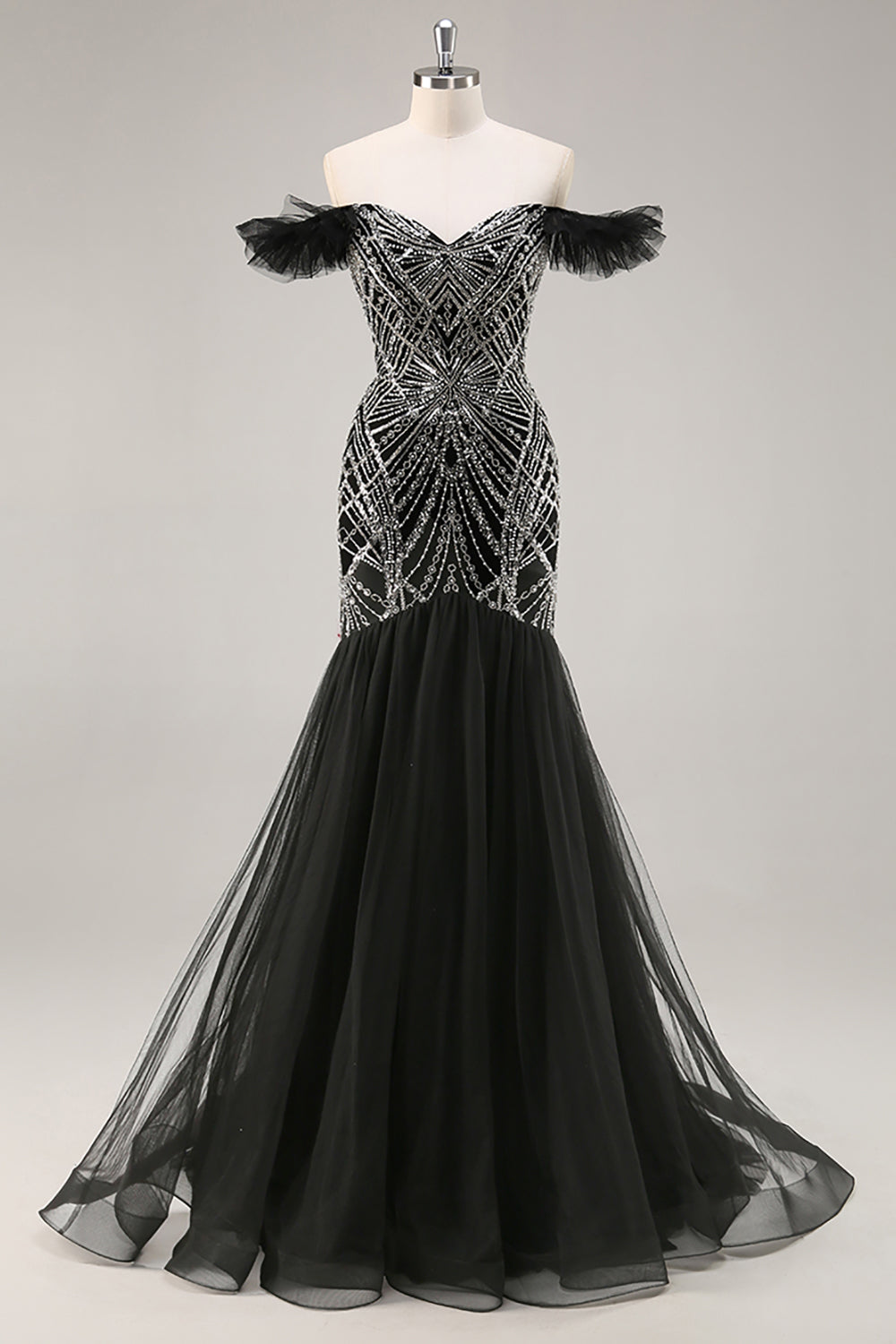 Sparkly Beaded Mermaid Ruffled Black Long Formal Dress with Sequins